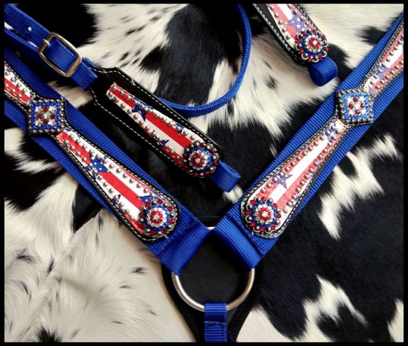 Showman Horse size nylon headstall and breast collar set with stars and stripes print overlay #3